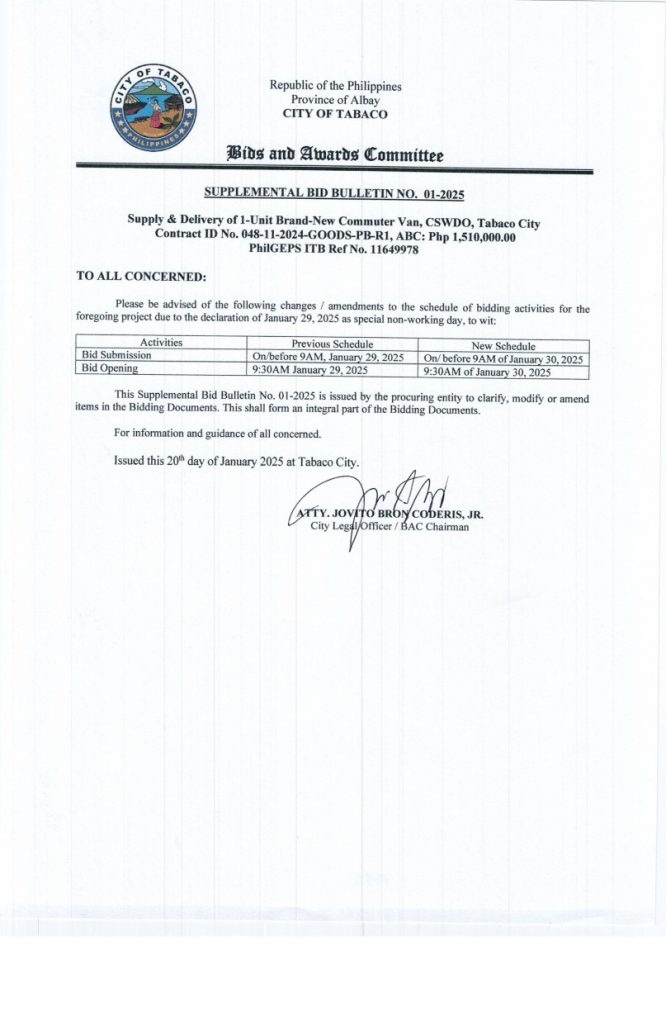 SUPPLEMENTAL BID BULLETIN NO. 01-2025, Supply & Delivery of 1-Unit Brand-New Commuter Van, CSWDO, Tabaco City, Contract ID No. 048-11-2024-GOODS-PB-R1