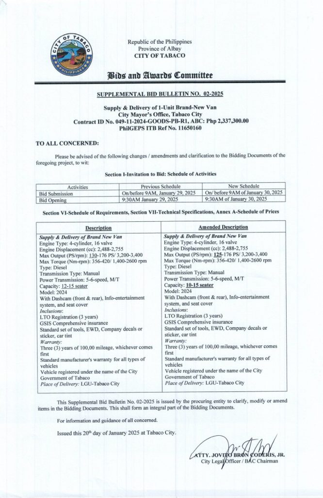 SUPPLEMENTAL BID BULLETIN NO. 02-2025 Supply & Delivery of 1-Unit Brand-New Van, City Mayor’s Office, Tabaco City, Contract ID No. 049-11-2024-GOODS-PB-R1