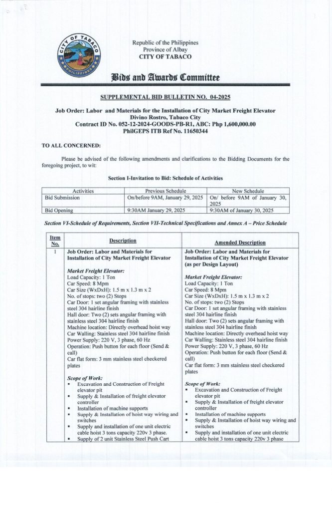 SUPPLEMENTAL BID BULLETIN NO. 04-2025: Job Order: Labor and Materials for the Installation of City Market Freight Elevator, Divino Rostro, Tabaco City, Contract ID No. 052-12-2024-GOODS-PB-R1