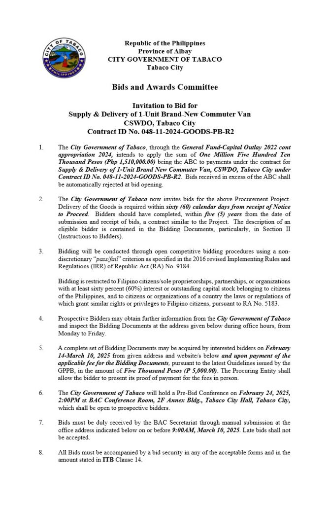 Invitation to Bid for Supply & Delivery of 1-Unit Brand-New Commuter Van, CSWDO, Tabaco City, Contract ID No. 048-11-2024-GOODS-PB-R2