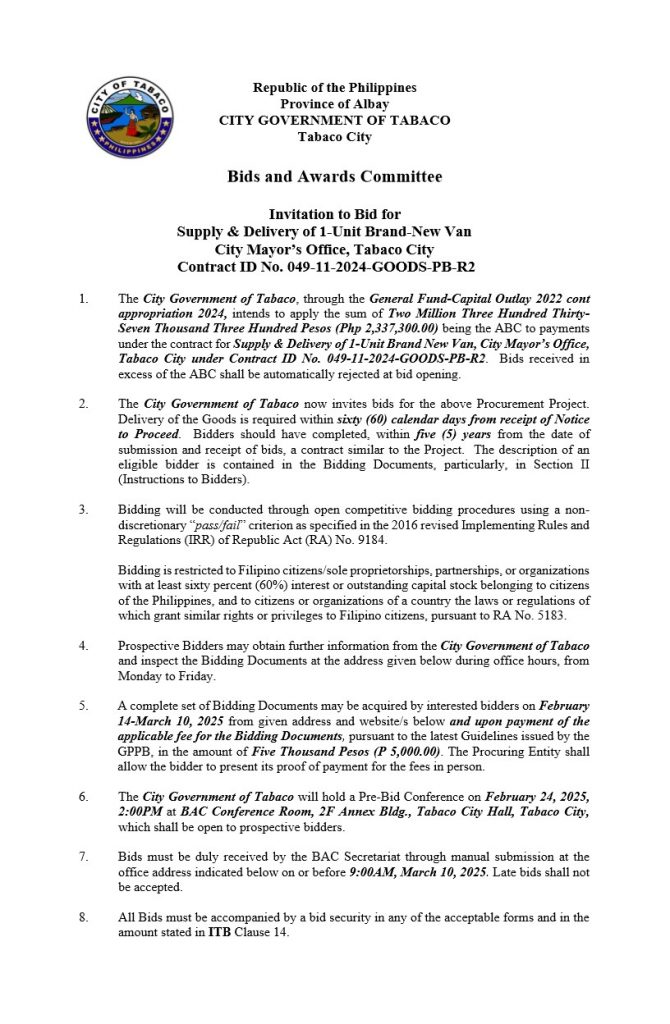 Invitation to Bid for Supply & Delivery of 1-Unit Brand-New Van, City Mayor’s Office, Tabaco City, Contract ID No. 049-11-2024-GOODS-PB-R2