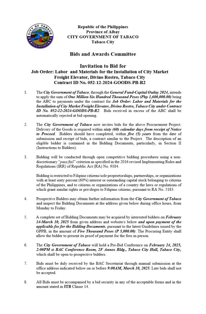 Invitation to Bid for Job Order: Labor and Materials for the Installation of City Market Freight Elevator, Divino Rostro, Tabaco City, Contract ID No. 052-12-2024-GOODS-PB-R2