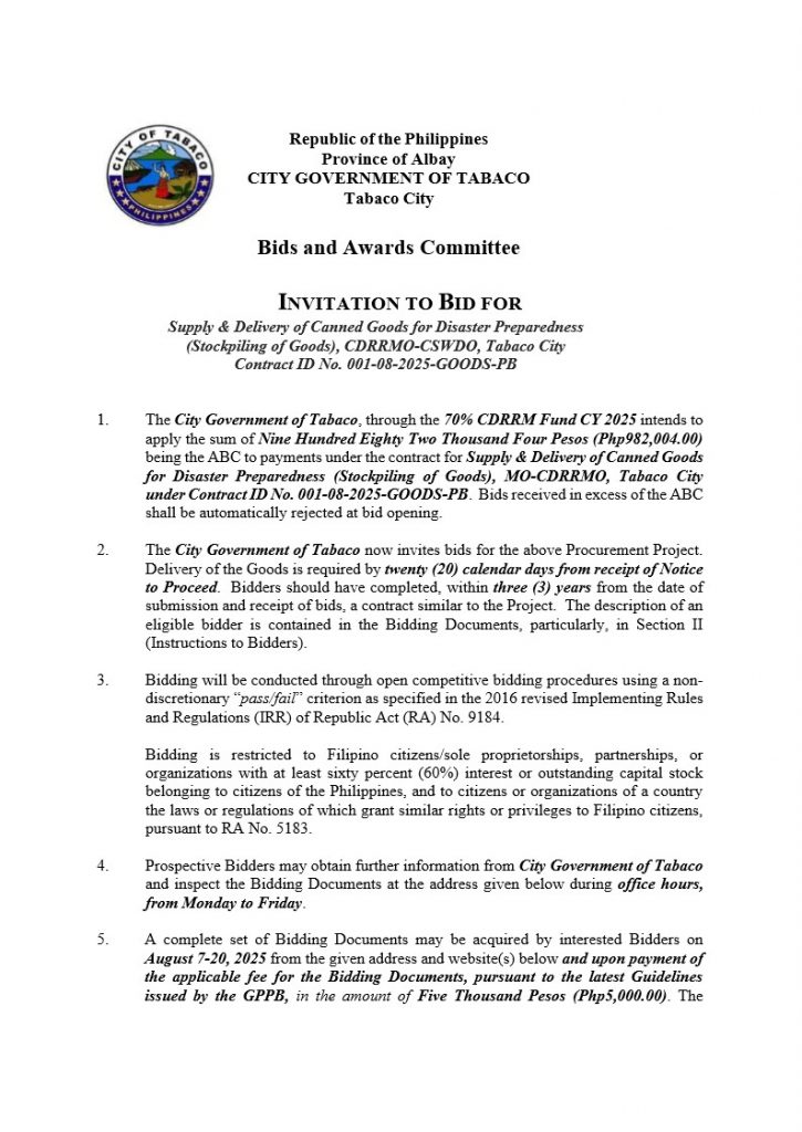 INVITATION TO BID FOR Supply & Delivery of Canned Goods for Disaster Preparedness (Stockpiling of Goods), CDRRMO-CSWDO, Tabaco City, Contract ID No. 001-08-2025-GOODS-PB