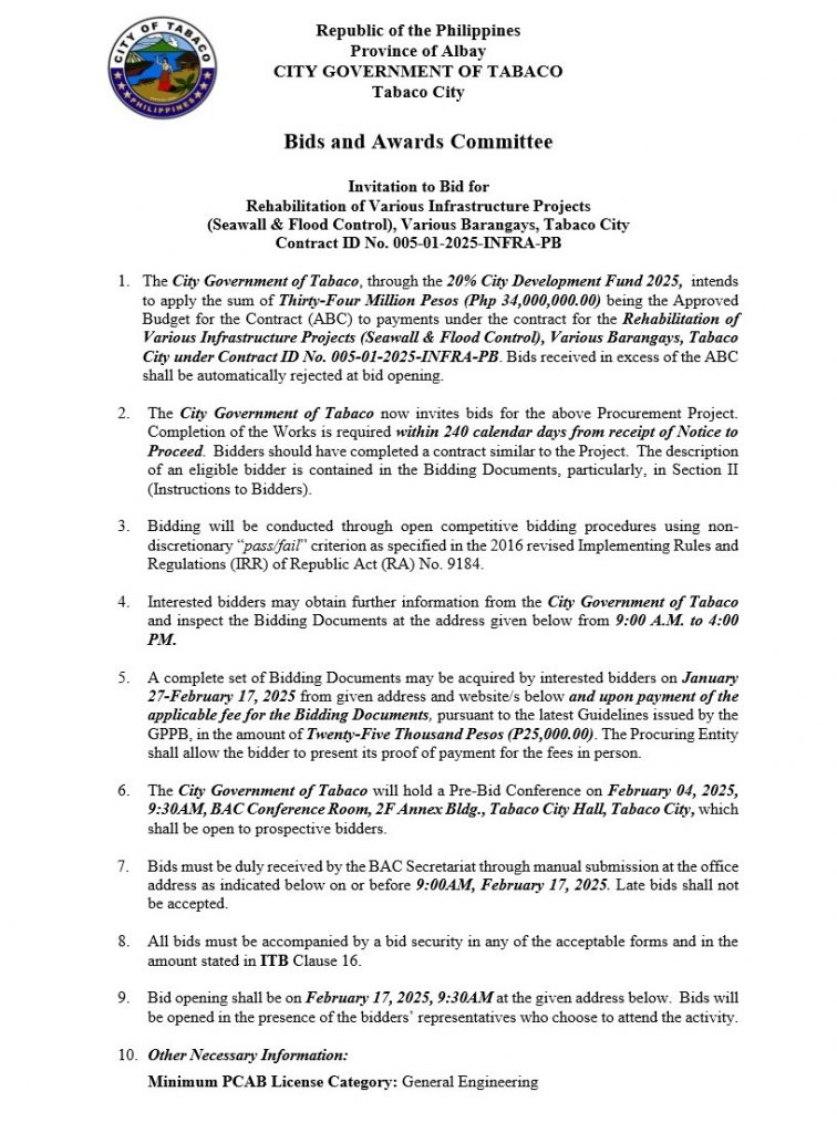 Invitation to Bid for Rehabilitation of Various Infrastructure Projects (Seawall & Flood Control), Various Barangays, Tabaco City Contract ID No. 005-01-2025-INFRA-PB
