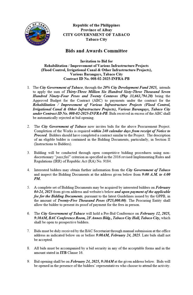 Invitation to Bid: Rehabilitation / Improvement of Various Infrastructure Projects (Flood Control, Irrigational Canal & Other Infrastructure Projects), Various Barangays, Tabaco City, Contract ID No. 008-02-2025-INFRA-PB