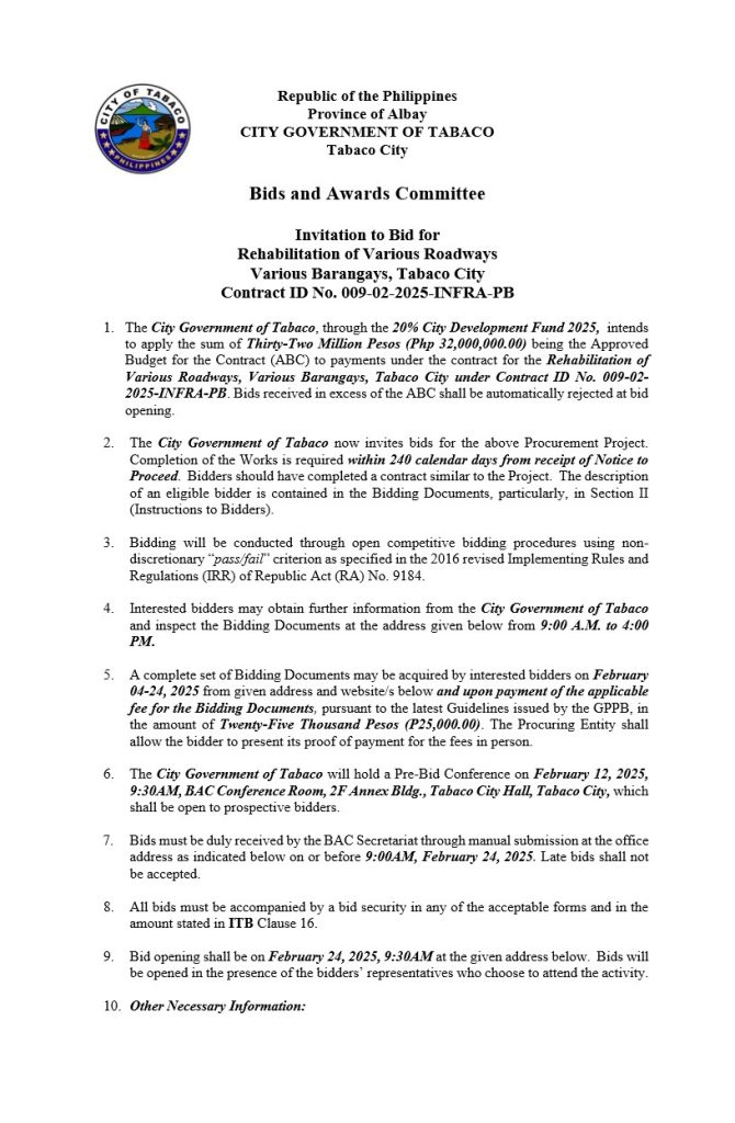 Invitation to Bid: Rehabilitation of Various Roadways, Various Barangays, Tabaco City, Contract ID No. 009-02-2025-INFRA-PB