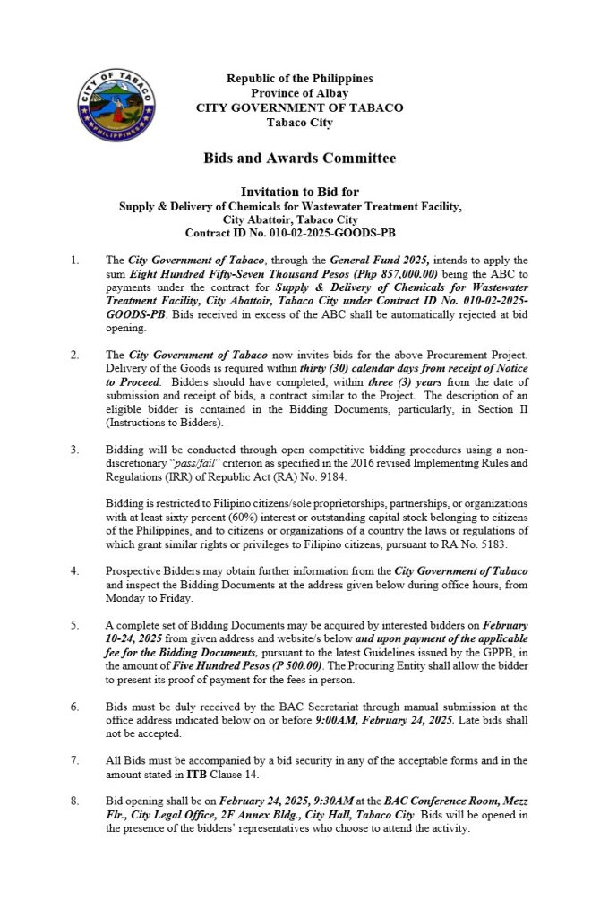 Invitation to Bid:Supply & Delivery of Chemicals for Wastewater Treatment Facility, City Abattoir, Tabaco City, Contract ID No. 010-02-2025-GOODS-PB