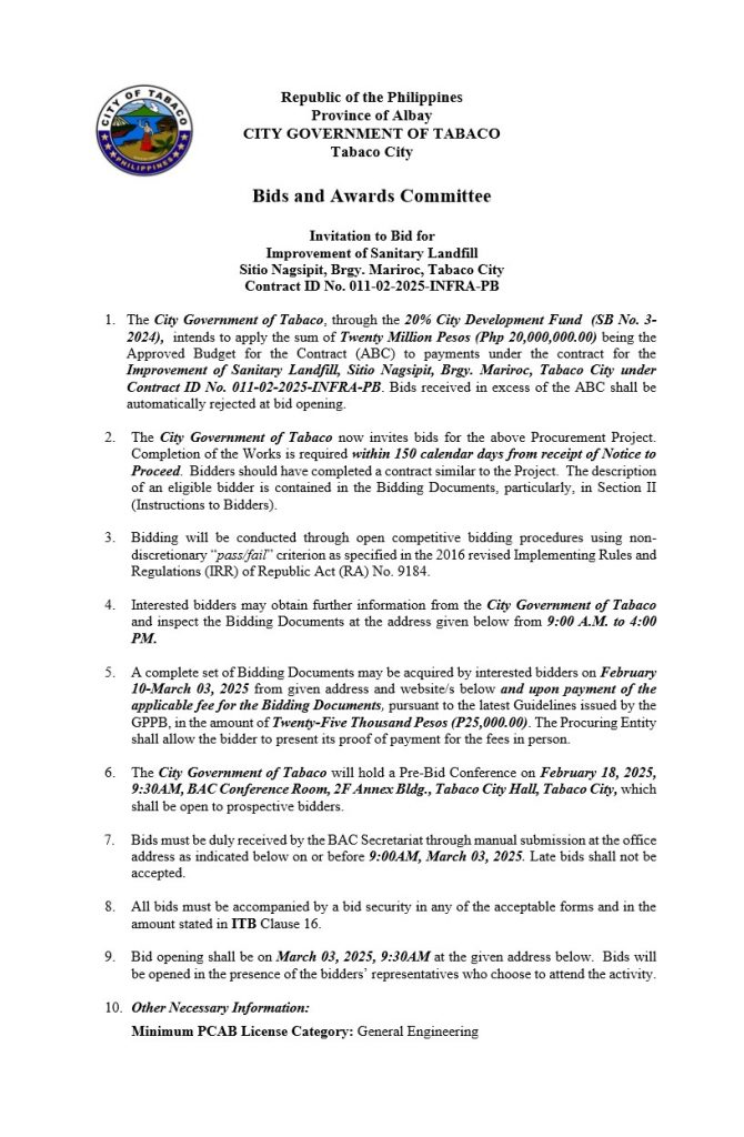 Invitation to Bid for Improvement of Sanitary Landfill Sitio Nagsipit, Brgy. Mariroc, Tabaco City Contract ID No. 011-02-2025-INFRA-PB
