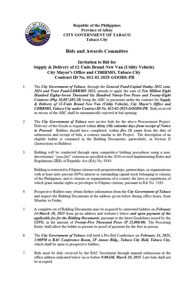 Invitation to Bid for Supply & Delivery of 12-Units Brand-New Van (Utility Vehicle), City Mayor’s Office and CDRRMO, Tabaco City, Contract ID No. 012-02-2025-GOODS-PB