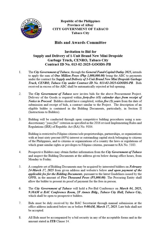 Invitation to Bid for Supply and Delivery of 1-Unit Brand New Mini Dropside Garbage Truck, CENRO, Tabaco City, Contract ID No. 013-02-2025-GOODS-PB