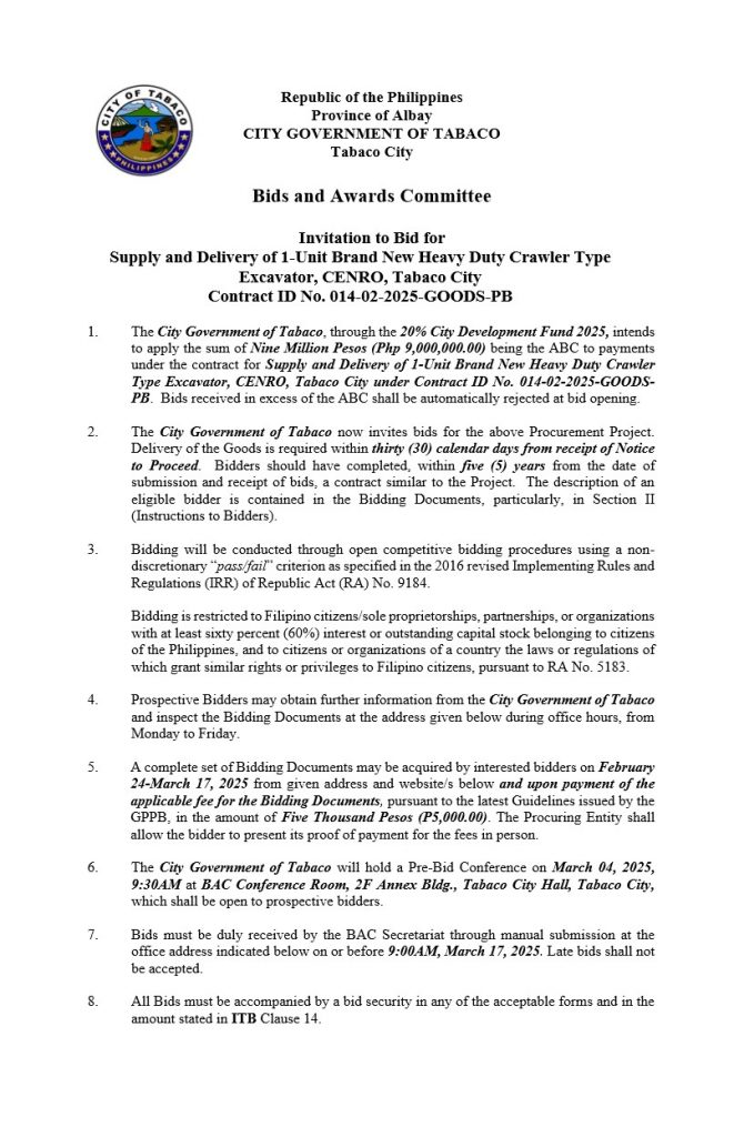 Invitation to Bid for Supply and Delivery of 1-Unit Brand New Heavy Duty Crawler Type Excavator, CENRO, Tabaco City, Contract ID No. 014-02-2025-GOODS-PB