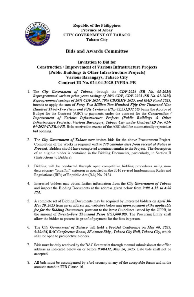 Invitation to Bid for Construction / Improvement of Various Infrastructure Projects (Public Buildings & Other Infrastructure Projects), Various Barangays, Tabaco City, Contract ID No. 024-04-2025-INFRA-PB