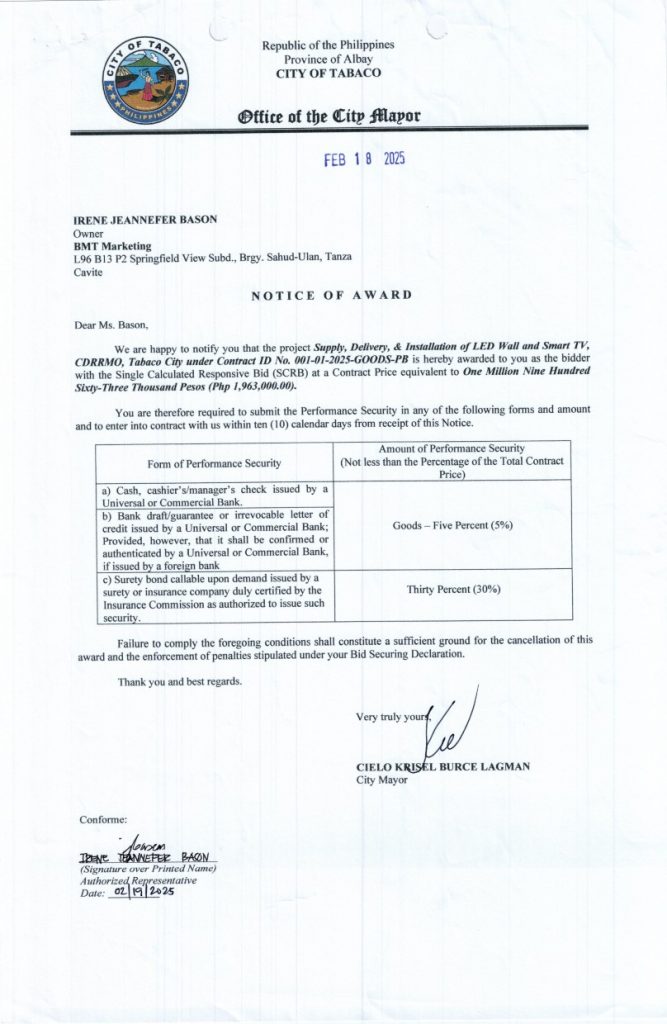 NOTICE OF AWARD: Supply, Delivery & Installation of LED Wall and Smart TV CDRRMO, Tabaco City, Contract ID No. 001-01-2025-GOODS-PB