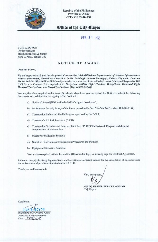 NOTICE OF AWARD: Construction/ Rehabilitation/ Improvement of Various Infrastructure Projects (Roadways, Flood/River Control & Public Building) Various Barangays, Tabaco City, Contract ID No. 002-01-2025-INFRA-PB