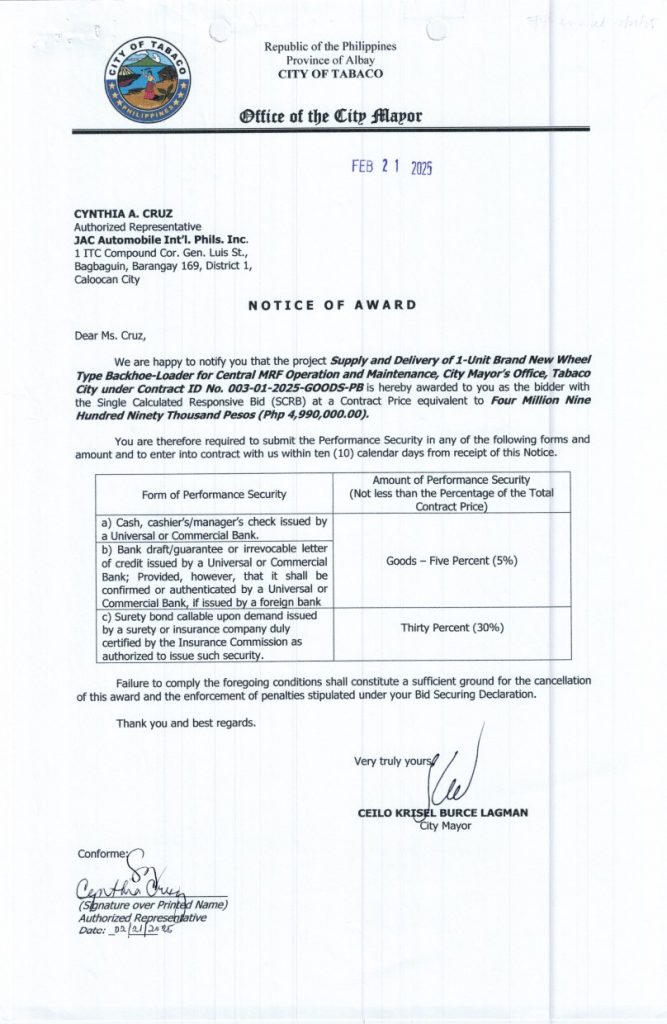 NOTICE OF AWARD: Supply and Delivery of 1-Unit Brand New Wheel Type Backhoe-Loader for Central MRF Operation and Maintenance, City Mayor’s Office, Tabaco City, Contract ID No. 003-01-2025-GOODS-PB