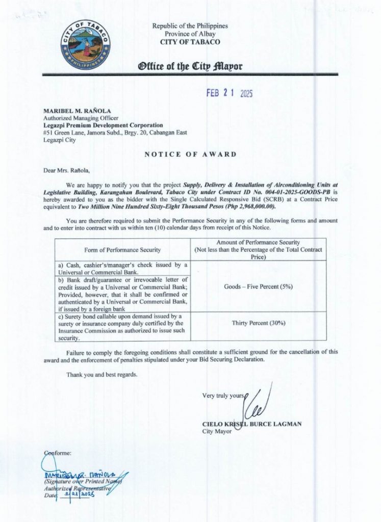 Notice of Award: Supply, Delivery & Installation of Airconditioning Units at Legislative Building, Karangahan Boulevard, Tabaco City under Contract ID No. 004-01-2025-GOODS-PB