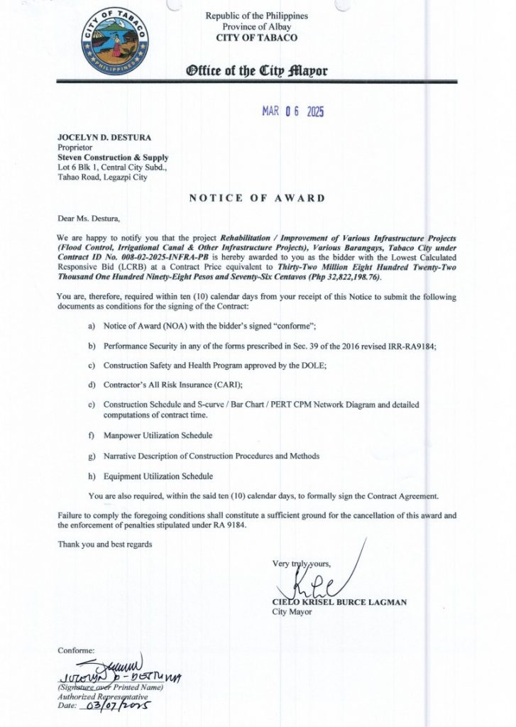 Notice of Award: Rehabilitation / Improvement of Various Infrastructure Projects (Flood Control, Irrigational Canal & Other Infrastructure Projects), Various Barangays, Tabaco City under Contract ID No. 008-02-2025-INFRA-PB