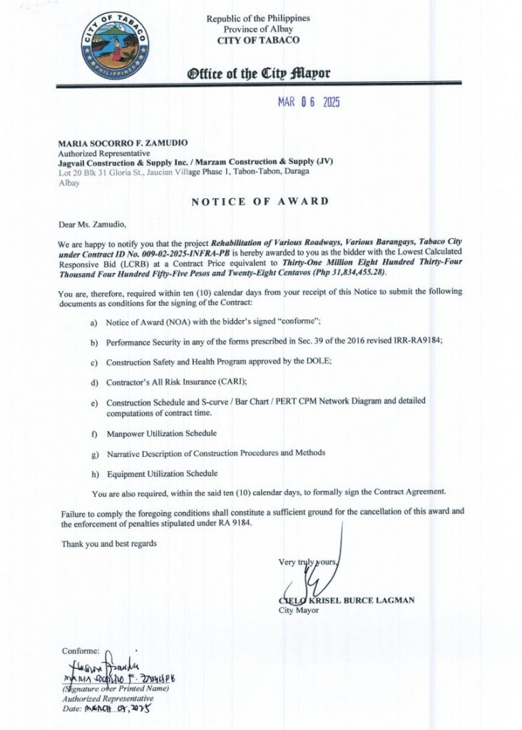 Notice of Award: Rehabilitation of Roadways, Various Barangays, Tabaco City under Contract ID No. 009-02-2025-INFRA-PB