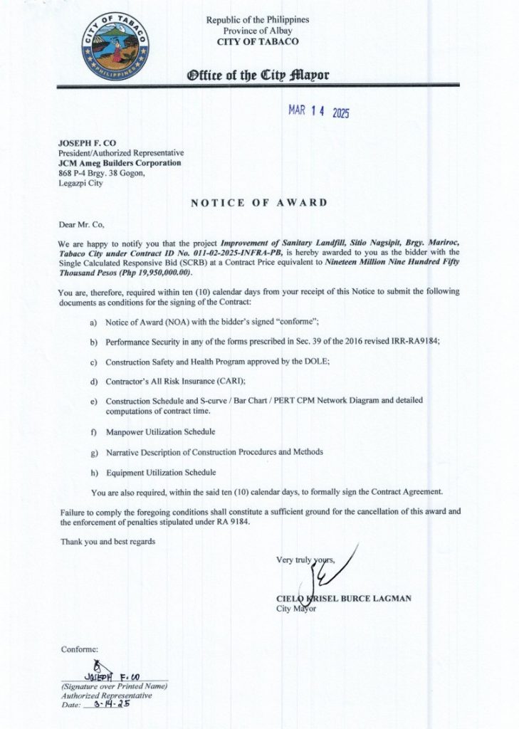 Notice of Award: Improvement of Sanitary Landfill, Sitio Nagsipit, Brgy. Mariroc, Tabaco City under Contract ID No. 011-02-2025-INFRA-PB