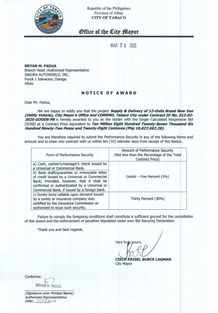 Notice of Award: Supply & Delivery of 12-Units Brand New Van (Utility Vehicle) City Mayor’s Office & CDRRMO, Tabaco City under Contract ID No. 012-02-2025-GOODS-PB