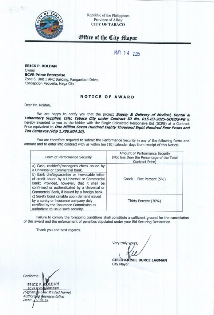 Notice of Award: Supply & Delivery of Medical, Dental & Laboratory Supplies, CHU, Tabaco City under Contract ID No. 015-03-2025