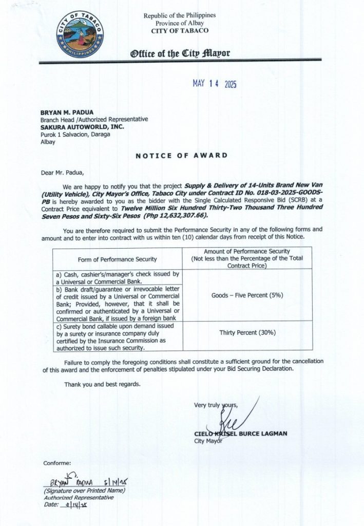 Notice of Award: Supply & Delivery of 14-Units Brand New Van (Utility Vehicle), City Mayors Office, Tabaco City under Contract ID No. 018-03-2025-GOODS-PB