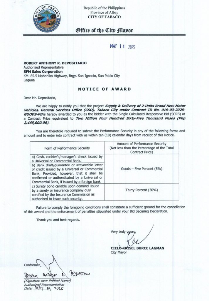 Notice of Award: Supply & Delivery of 2-Units Brand New Motor Vehicle, General Services Office (GSO), Tabaco City under Contract ID No. 019-03-2025-GOODS-PB