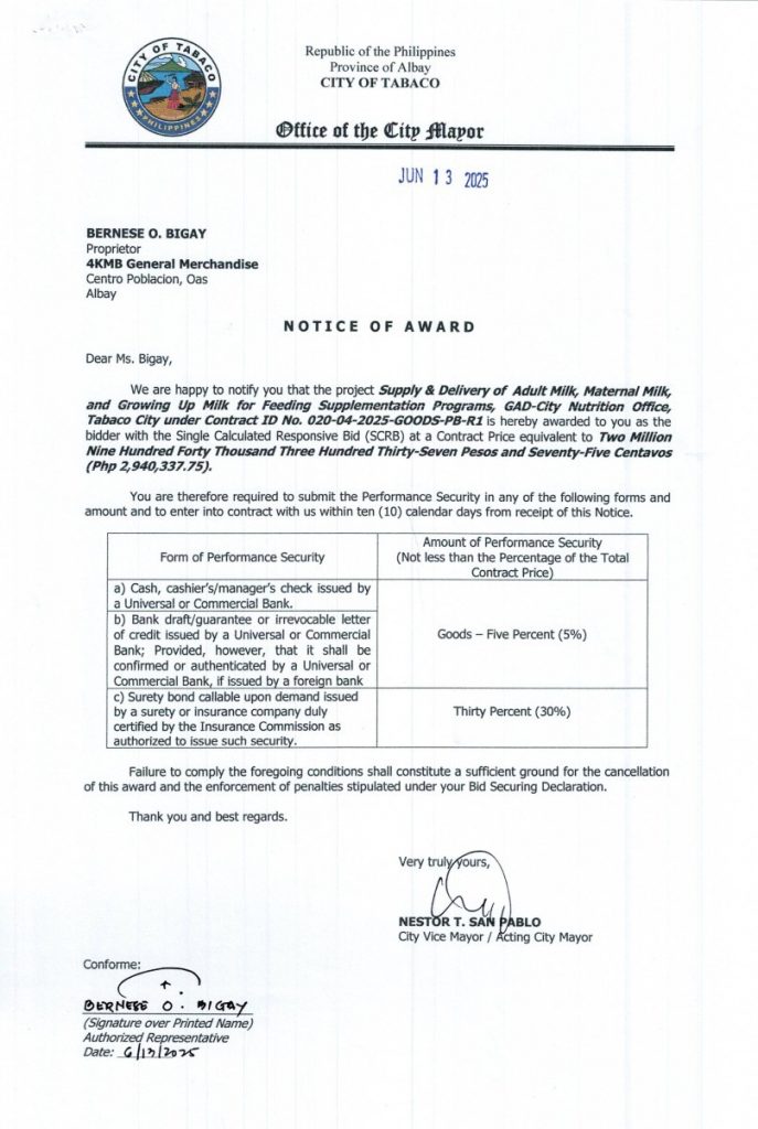 Notice of Award: Supply & Delivery of Adult Milk, Maternal Milk, & Growing Up Milk for Feeding Supplementation Programs, GAD-City Nutrition Office, Tabaco City under Contract ID No. 020-04-2025-GOODS-PB-R1