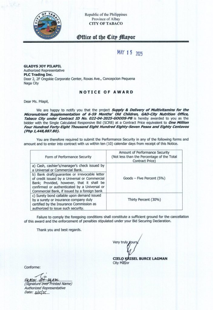 Notice of Award: Supply & Delivery of Multivitamins for the Micronutrient Supplementation of 6-59 Months Old Children, GAD-City Nutrition Office, Tabaco City under Contract ID No. 022-04-2025-GOODS-PB