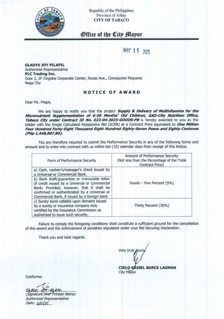 Notice of Award: Supply & Delivery of Multivitamins for the Micronutrient Supplementation of 6-59 Months Old Children, GAD-City Nutrition Office, Tabaco City under Contract ID No. 022-04-2025-GOODS-PB