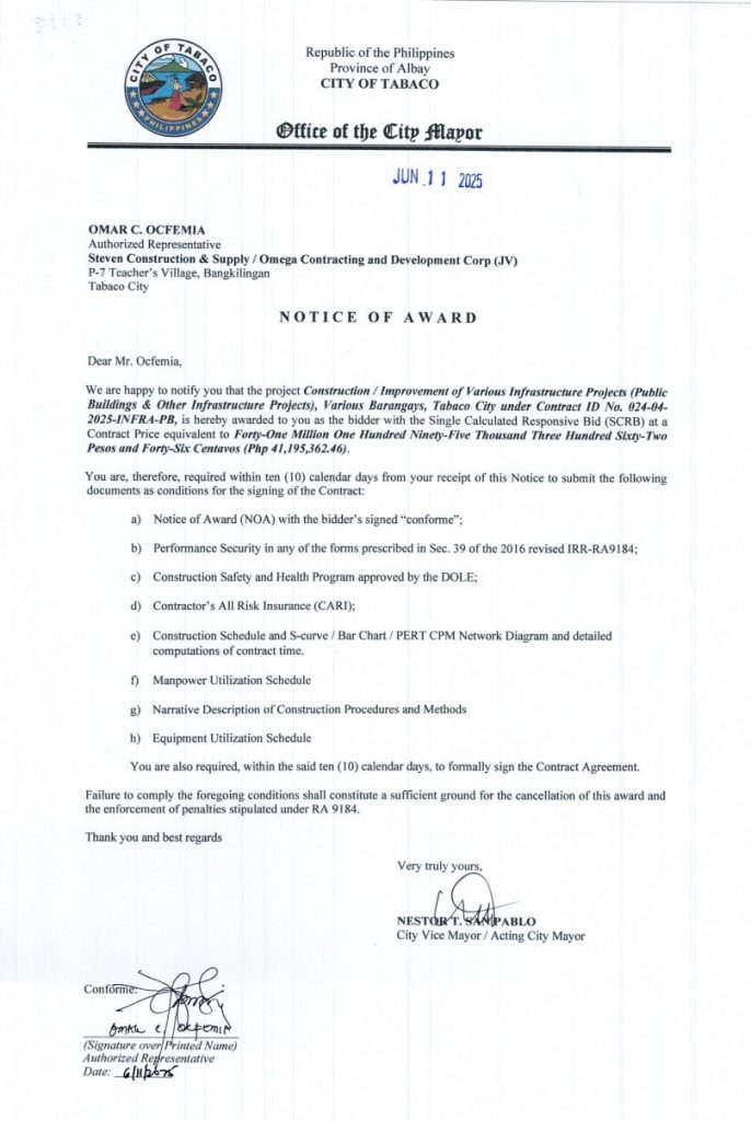 Notice of Award: Construction / Improvement of Various Infrastructure Projects (Public Buildings & Other Infrastructure Projects) Various Barangays, Tabaco City under Contract ID No. 024-04-2025-INFRA-PB