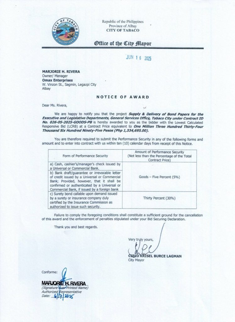 Notice of Award: Supply & Delivery of Bond Papers for the Executive & Legislative Departments, General Services Office, Tabaco City under Contract ID No. 026-05-2025-GOODS-PB