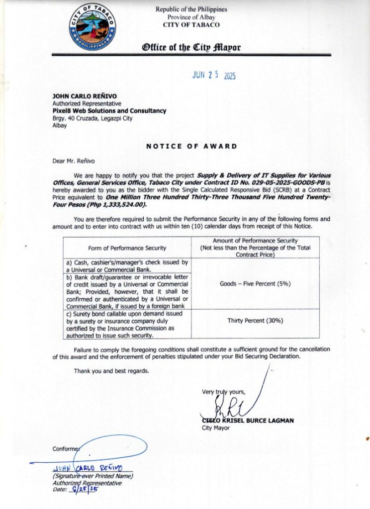 Notice of Award: Supply & Delivery of IT Supplies for Various Offices, General Services Office, Tabaco City under Contract ID No. 029-05-2025-GOODS-PB