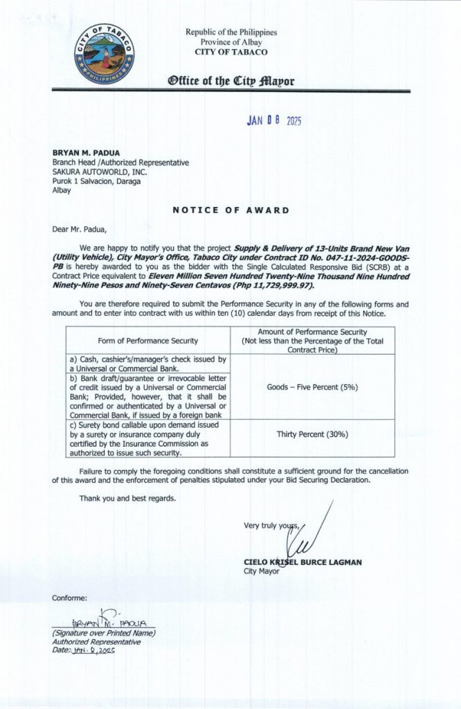 NOTICE OF AWARD: Supply & Delivery of 13-Units Brand-New Van (Utility Vehicle) City Mayor’s Office, Tabaco City, Contract ID No. 047-11-2024-GOODS-PB