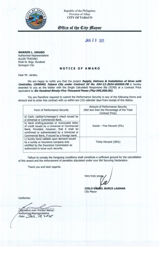 NOTICE OF AWARD: Supply, Delivery & Installation of Siren with Controller CDRRMO, Tabaco City, Contract ID No. 054-12-2024-GOODS-PB