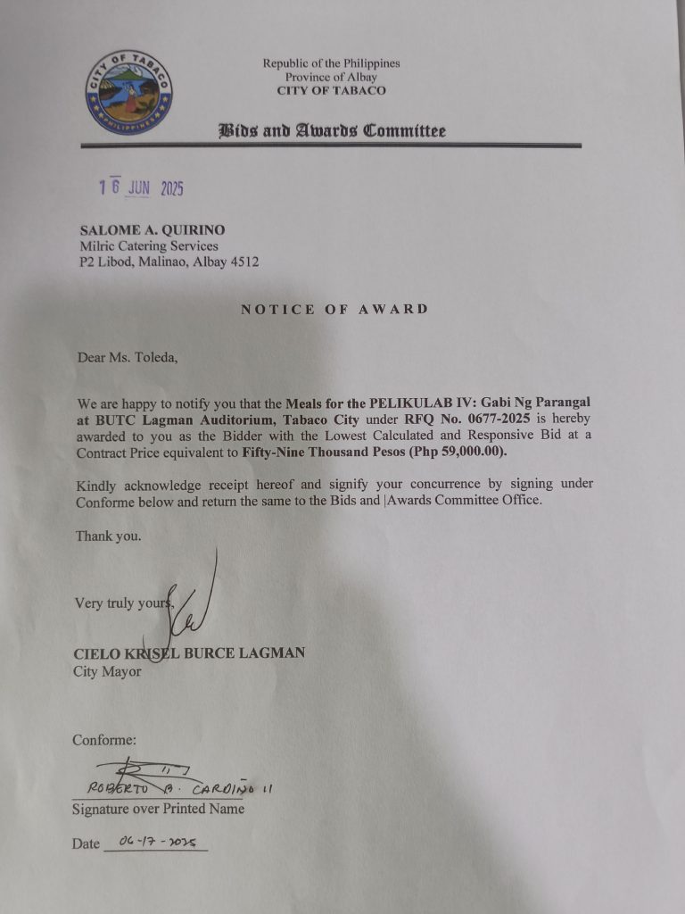 Notice of Award: Meals for the Pelikulab IV: Gabi ng Parangal at BUTC Lagman Auditorium, Tabaco City