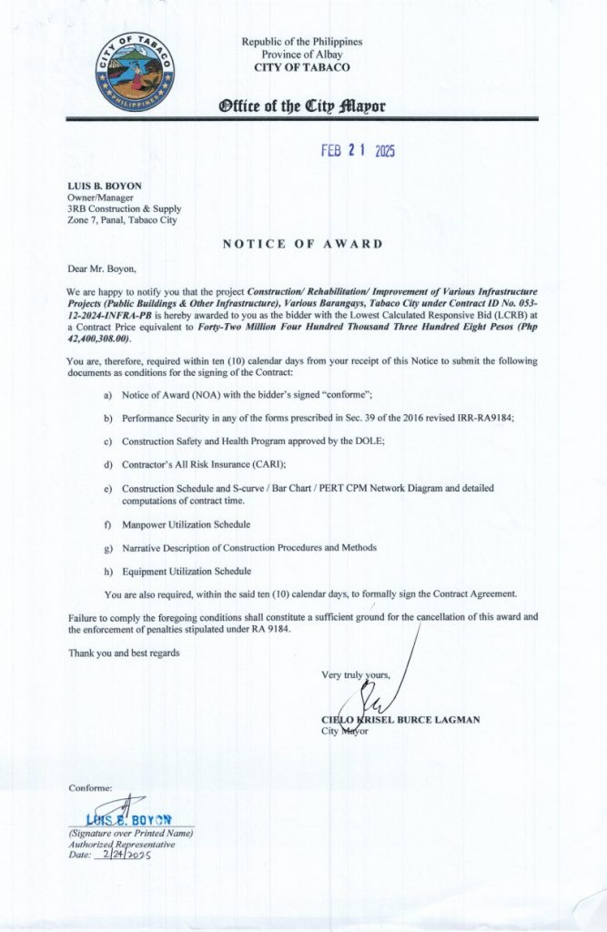 NOTICE OF AWARD: Construction/ Rehabilitation/ Improvement of Various Infrastructure Projects (Public Buildings & Other Infrastructure), Various Barangays, Tabaco City, Contract ID No. 053-12-2024-INFRA-PB