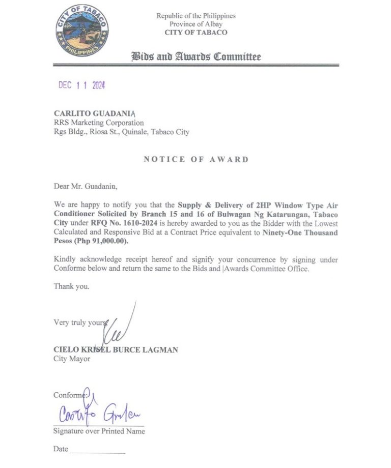 Notice of Award: Supply & Delivery of 2HP Window Type Air Conditioner Solicited by Branch 15 & 16 of Bulwagan Ng Katarungan, Tabaco City, PR No. 24-11-1791