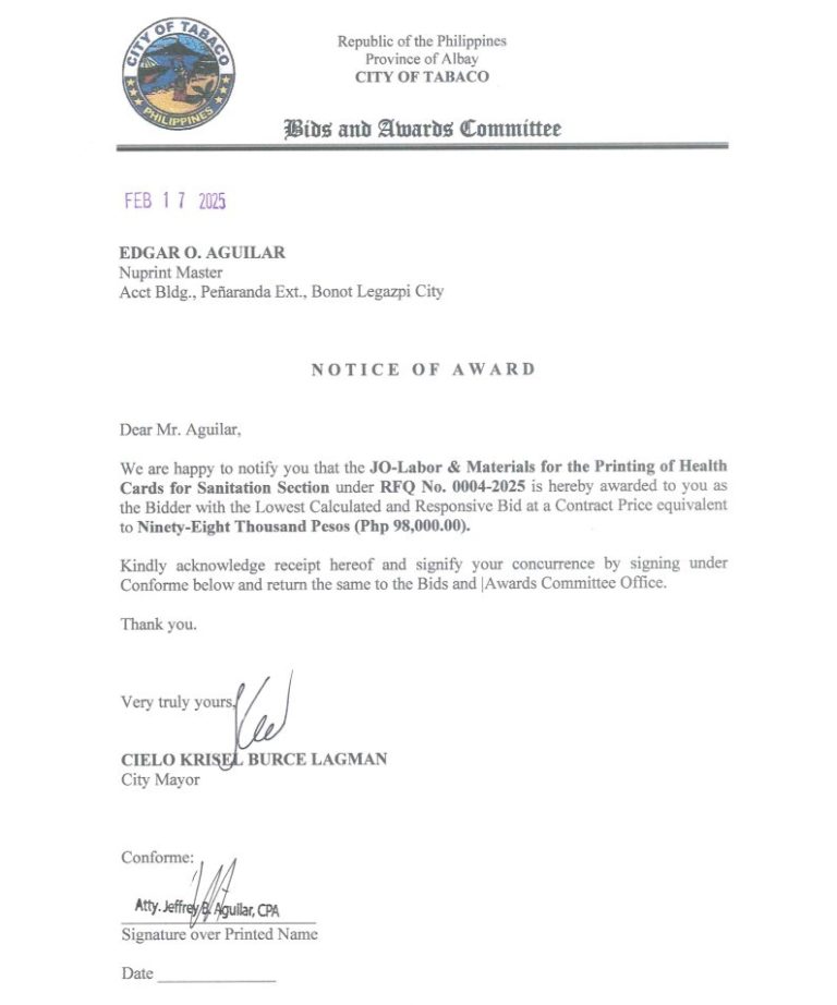 Notice of Award: JO-Labor & Materials for the Printing of Health Cards for Sanitation Section, PR No. 25-01-0011