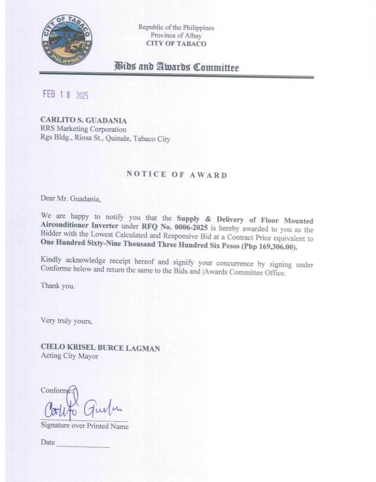 Notice of Award: Supply & Delivery of Floor Mounted Airconditioner Inverter, PR No. 25-02-0014