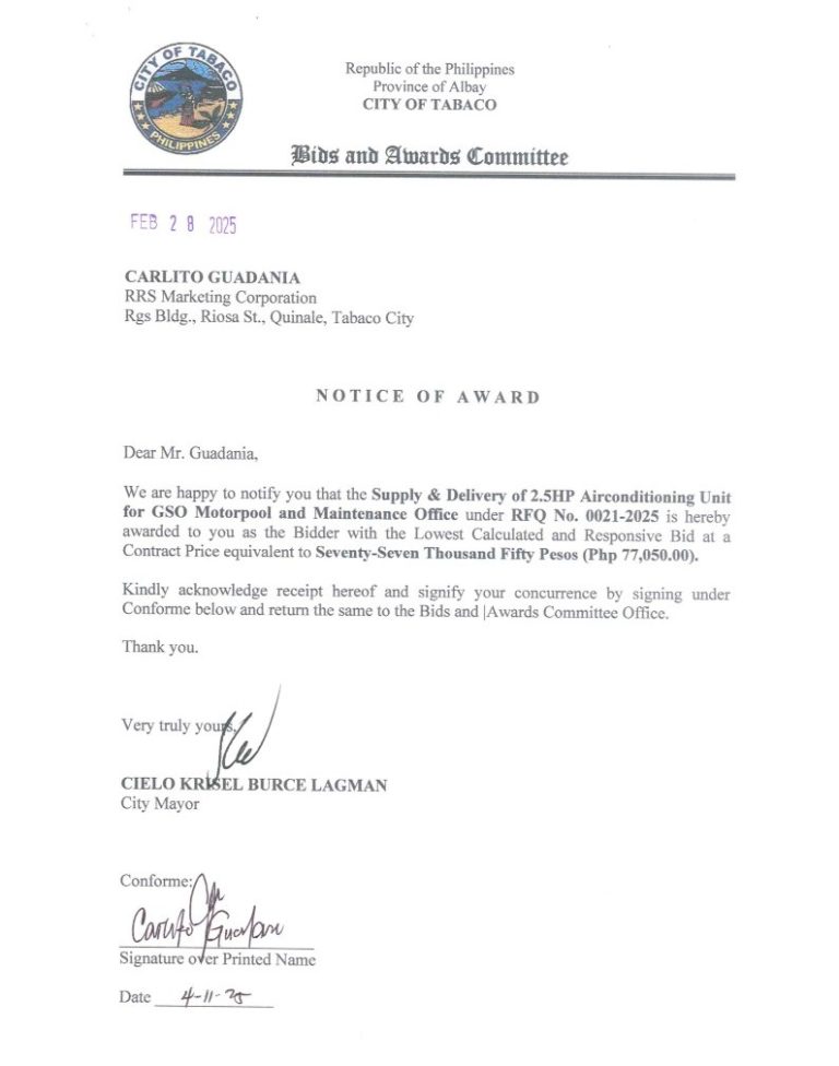 Notice of Award: Supply & Delivery of 2.5HP Airconditioning Unit for GSO Motorpool & Maintenance Office, PR No. 25-02-0032