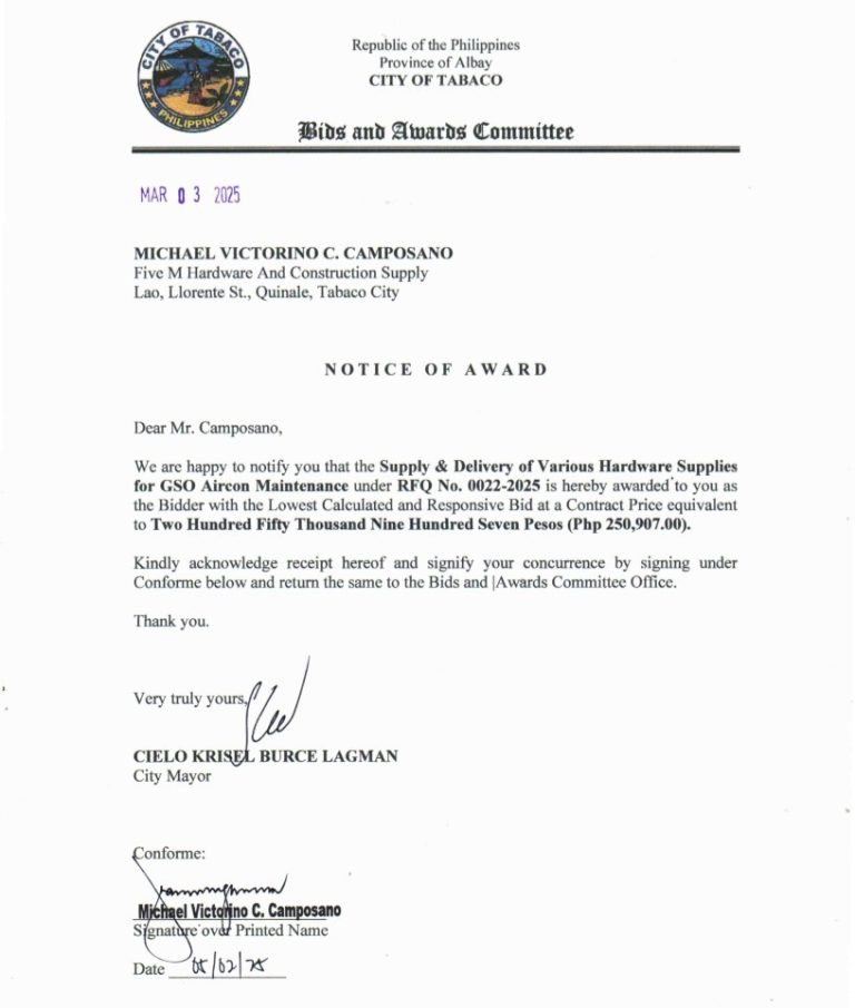 Notice of Award: Supply & Delivery of Various Hardware Supplies for GSO Aircon Maintenance, PR No. 25-02-0033