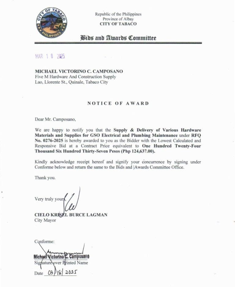 Notice of Award: Supply & Delivery of Various Hardware Materials & Supplies for GSO Electrical & Plumbing Maintenance, PR No. 25-02-0034