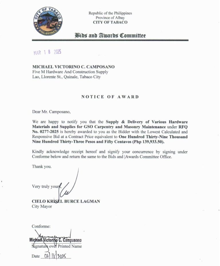 Notice of Award: Supply & Delivery of Various Hardware Materials & Supplies for GSO Carpentry & Masonry Maintenance, PR No. 25-02-0035