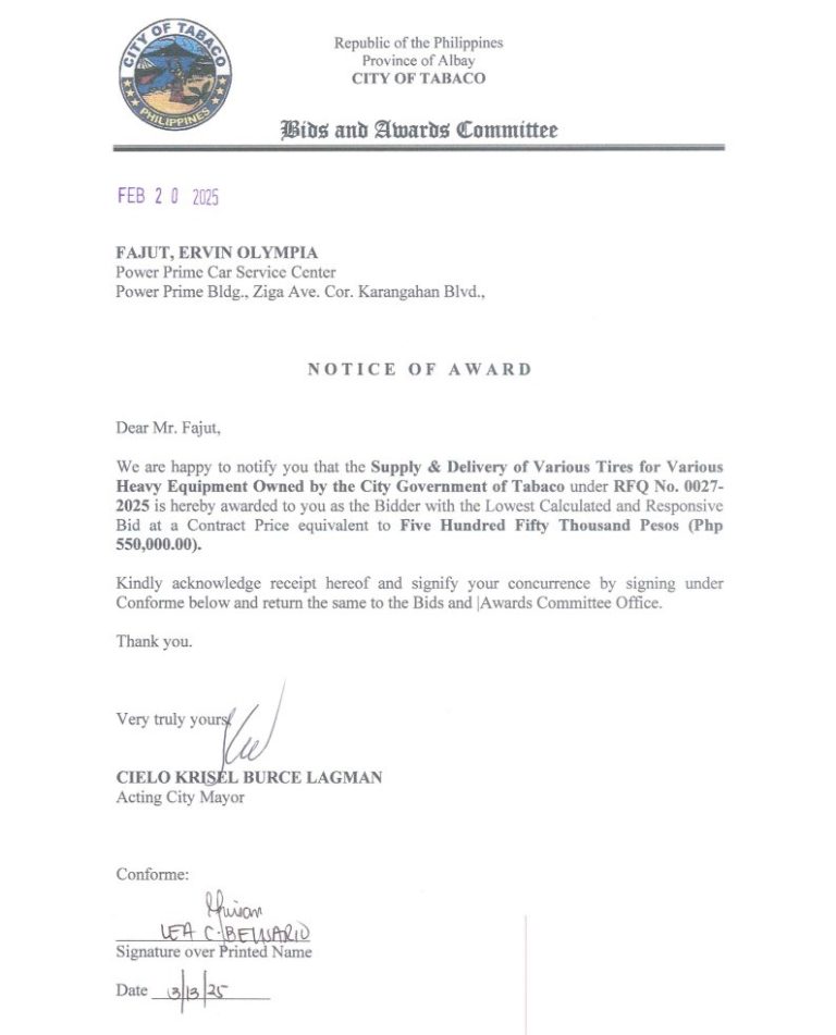Notice of Award: Supply & Delivery of Various Tires for Various Heavy Equipment Owned by the City Government of Tabaco, PR No. 25-02-0038