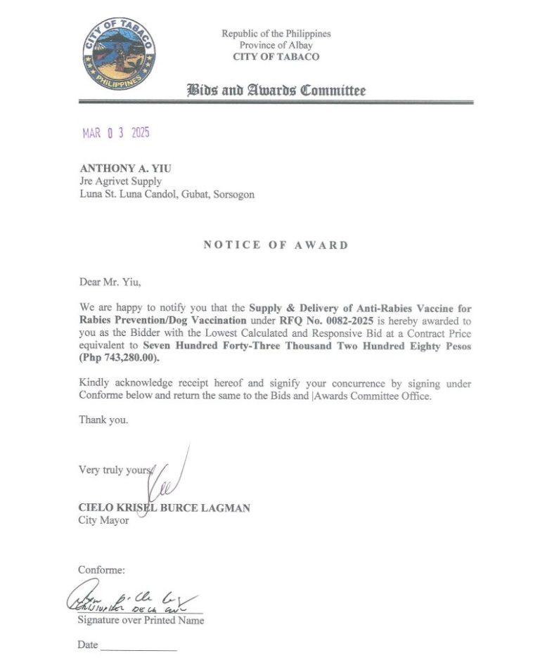 Notice of Award: Supply & Delivery of Anti-Rabies Vaccine for Rabies Prevention/Dog Vaccination, PR No. 25-02-0040