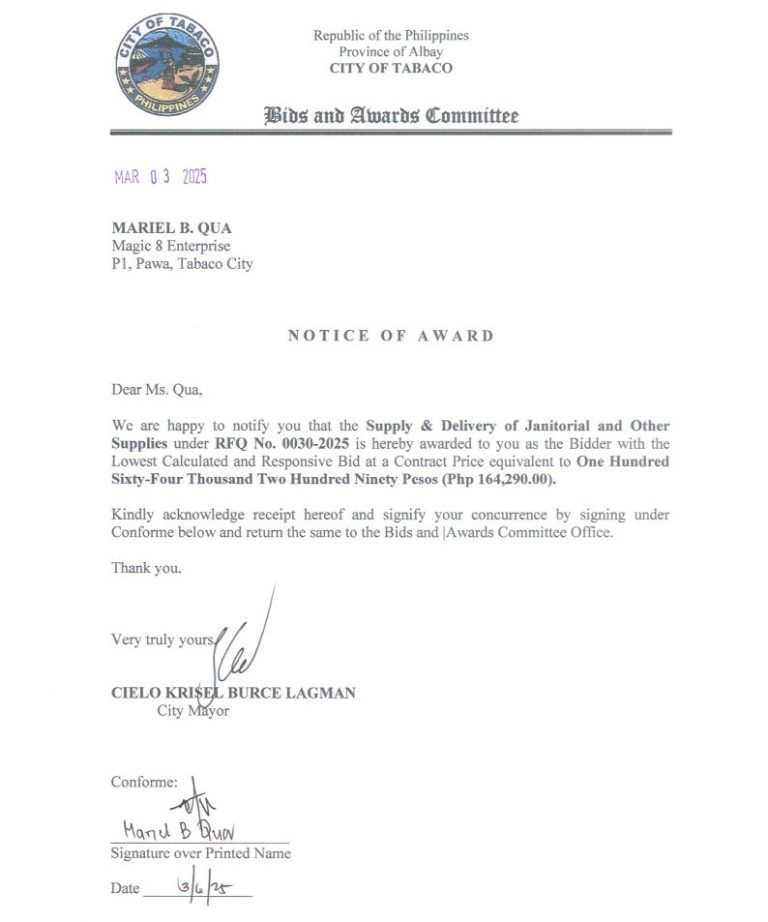 Notice of Award: Supply & Delivery of Janitorial & Other Supplies, PR No. 25-02-0043