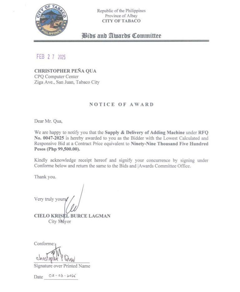 Notice of Award: Supply & Delivery of Adding Machine, PR No. 25-02-0060