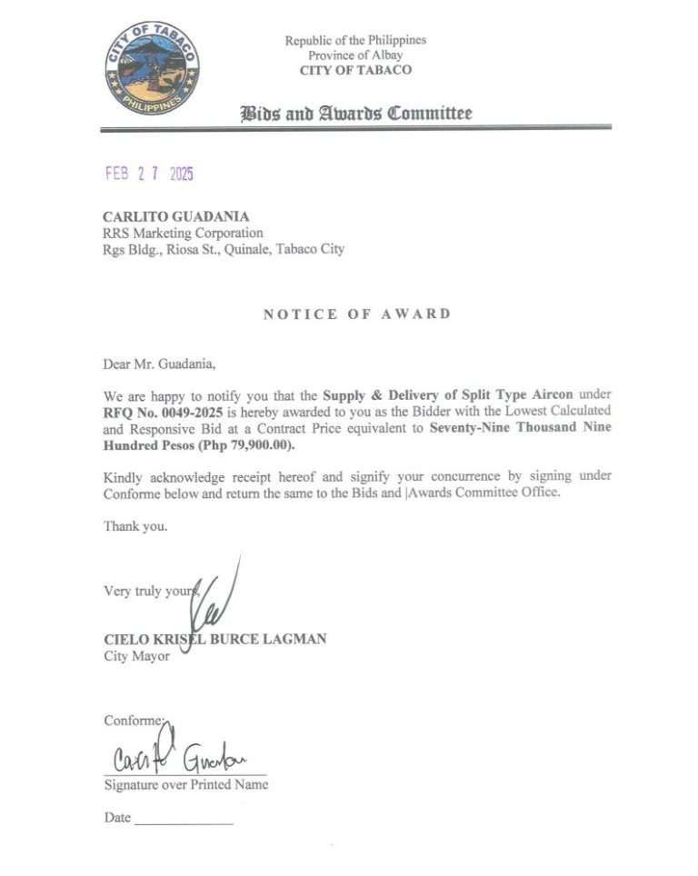 Notice of Award: Supply & Delivery of Split Type Aircon, PR No. 25-02-0063