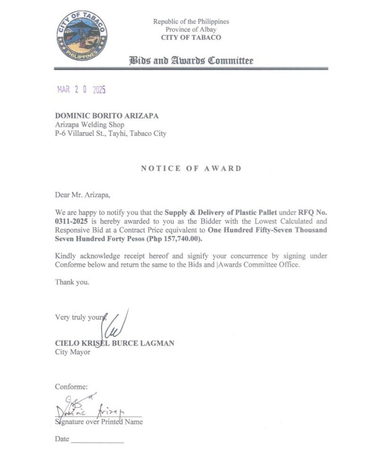 Notice of Award: Supply & Delivery of Plastic Pallet, PR No. 25-02-0065